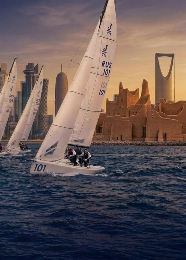 Riyadh skyline with Kingdom Tower and Najd architecture, J/70 fleet racing